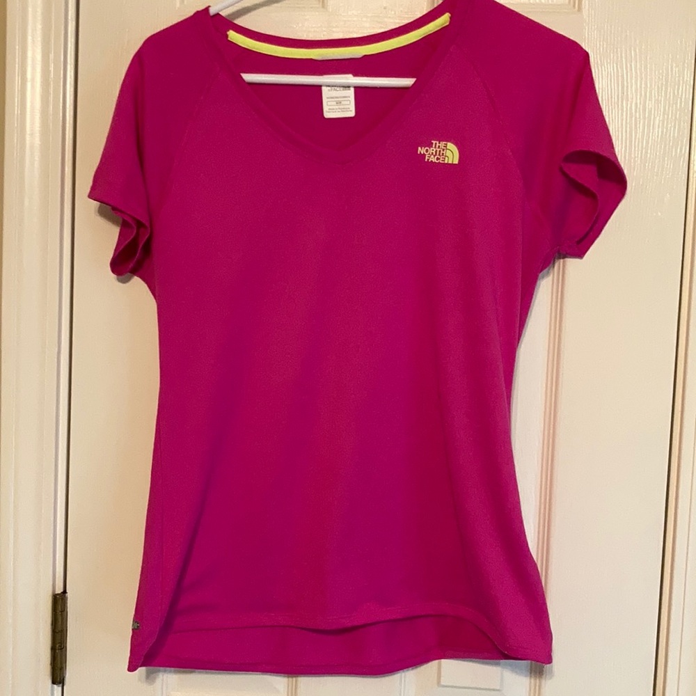 North Face bright pink polyester t-shirt